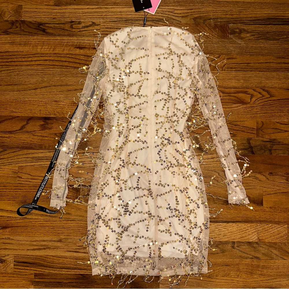 NWT Pretty Little Thing Sz 2 Beaded Sheer Sleeve Party Dress Champagne - Picture 3 of 9